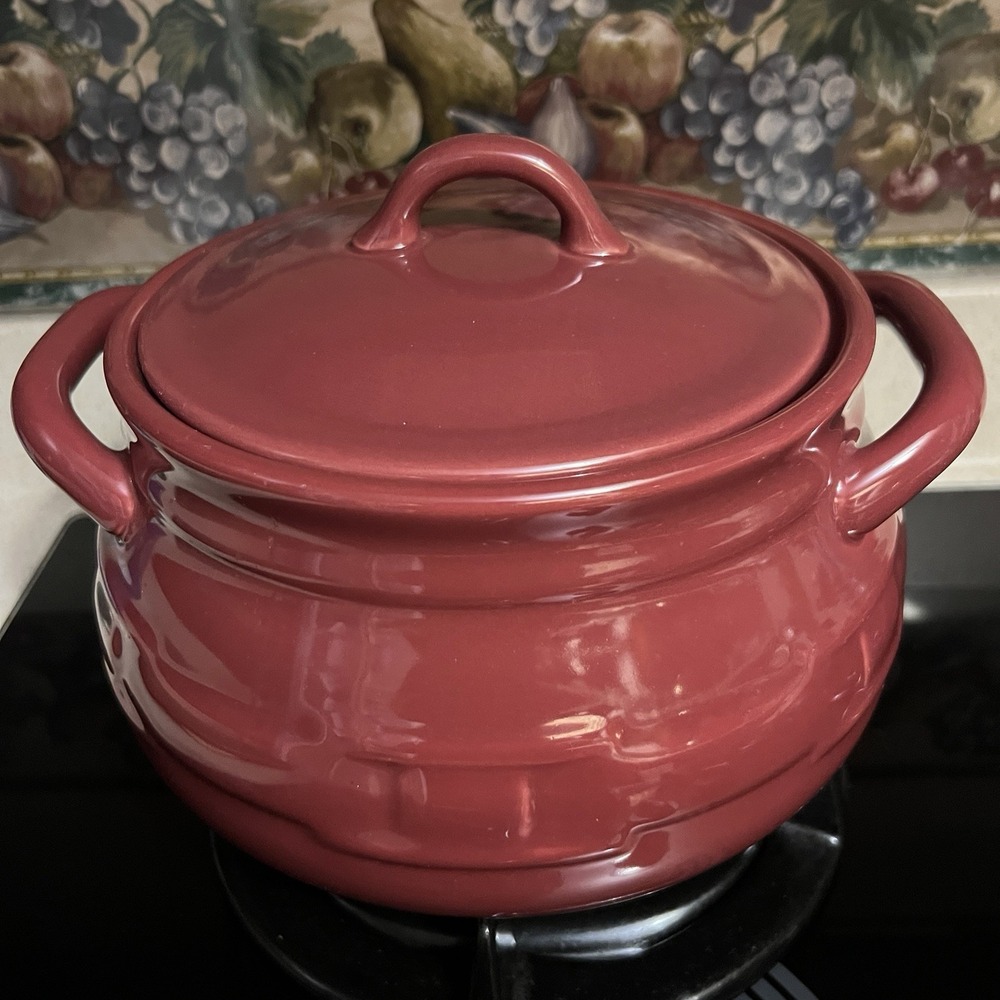Longaberger Pottery Woven Traditions Paprika Burgundy Soup Tureen Bean Pot & Lid